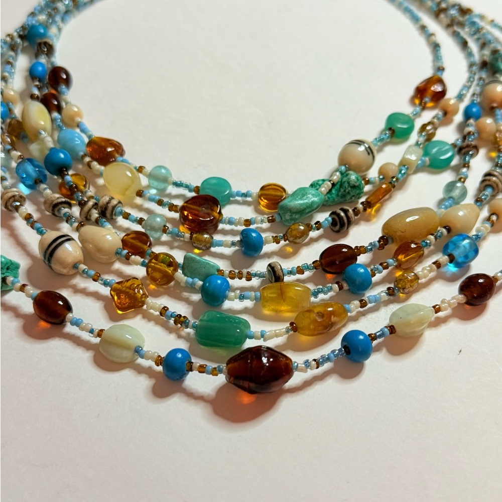 Artistic Blue and Brown Multi-Strand Necklace